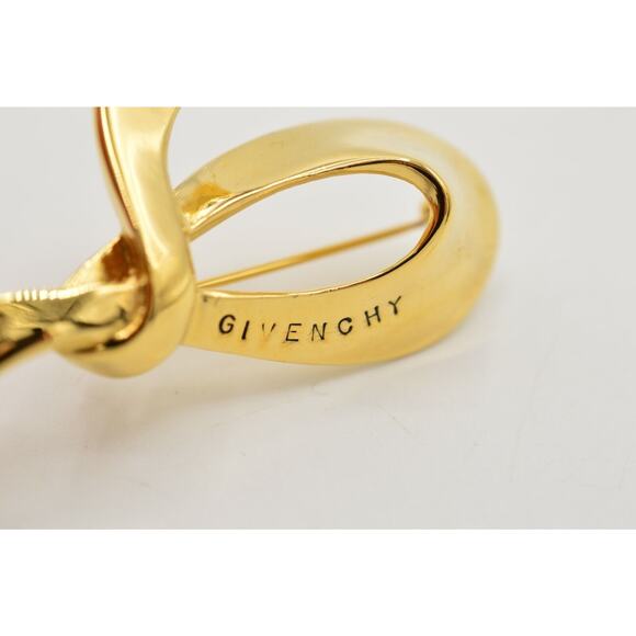 Vintage Givenchy Logo Pin Brooch Ribbon Bow Gold Runway Signed 1980s BinB - Picture 1 of 8